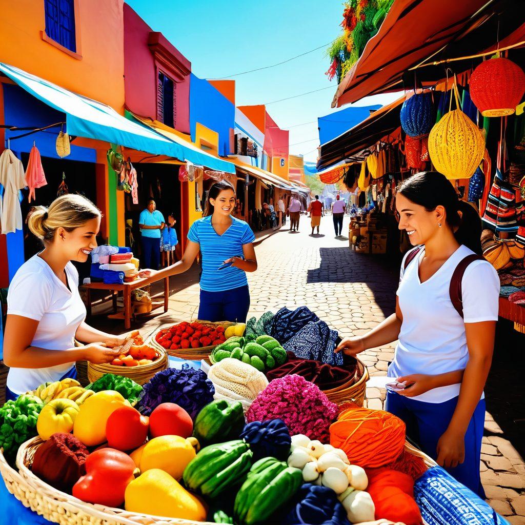 A vibrant market scene in Paraguay showcasing local products like handicrafts, fresh produce, and textiles, with shoppers interacting joyfully. Bright colors of the products and traditional Paraguayan patterns in the background. A digital device displaying online shopping offers, symbolizing the blend of physical and online shopping experiences. super-realistic. vibrant colors. 3D.