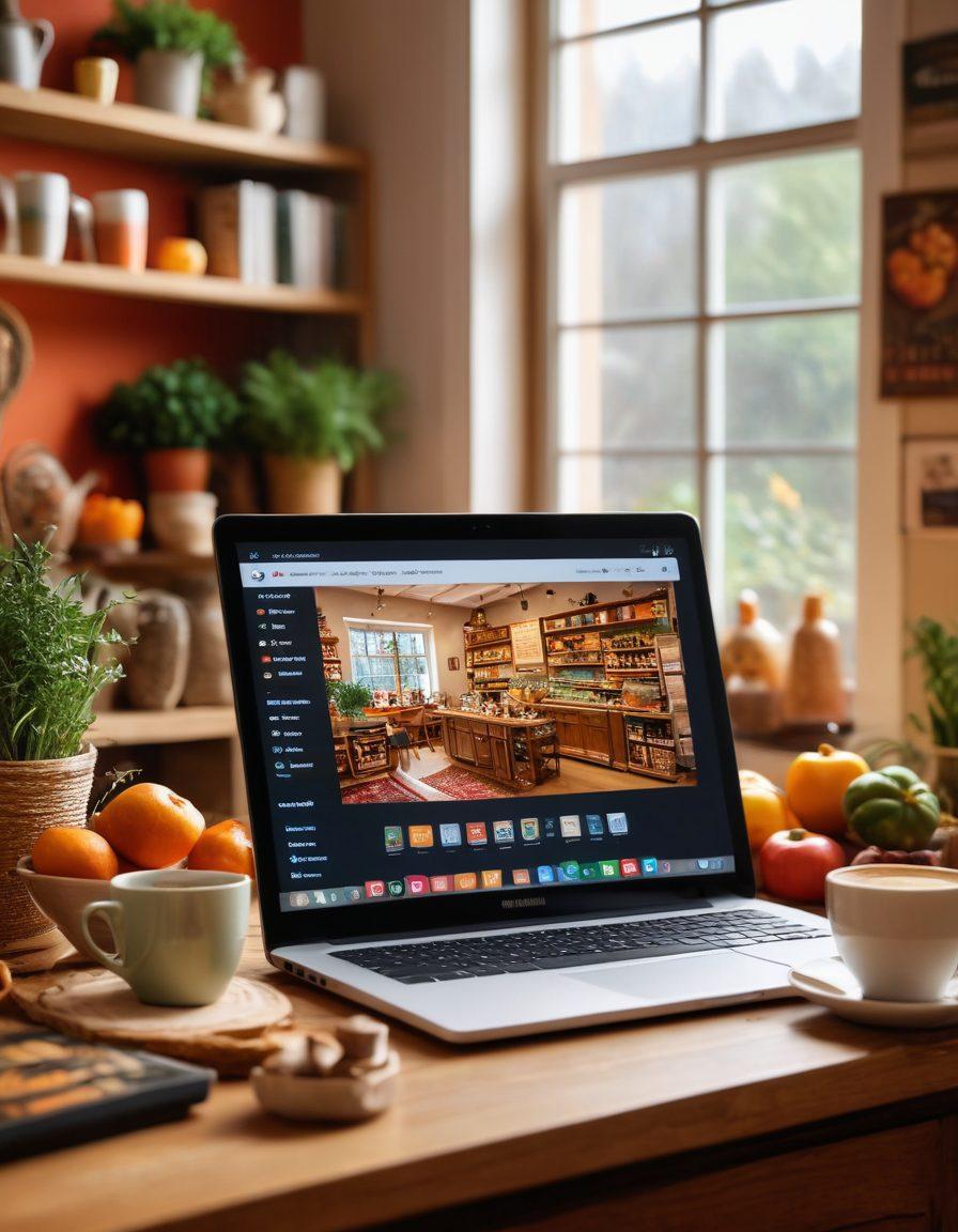 A cozy home setting featuring a relaxed individual browsing a laptop with a warm cup of coffee nearby. The screen displays vibrant local products and special offers, with colorful handmade crafts and fresh produce scattered around. Natural light streams in, enhancing the inviting atmosphere that portrays the ease of shopping locally from home. super-realistic. warm tones. vibrant colors. cozy background.