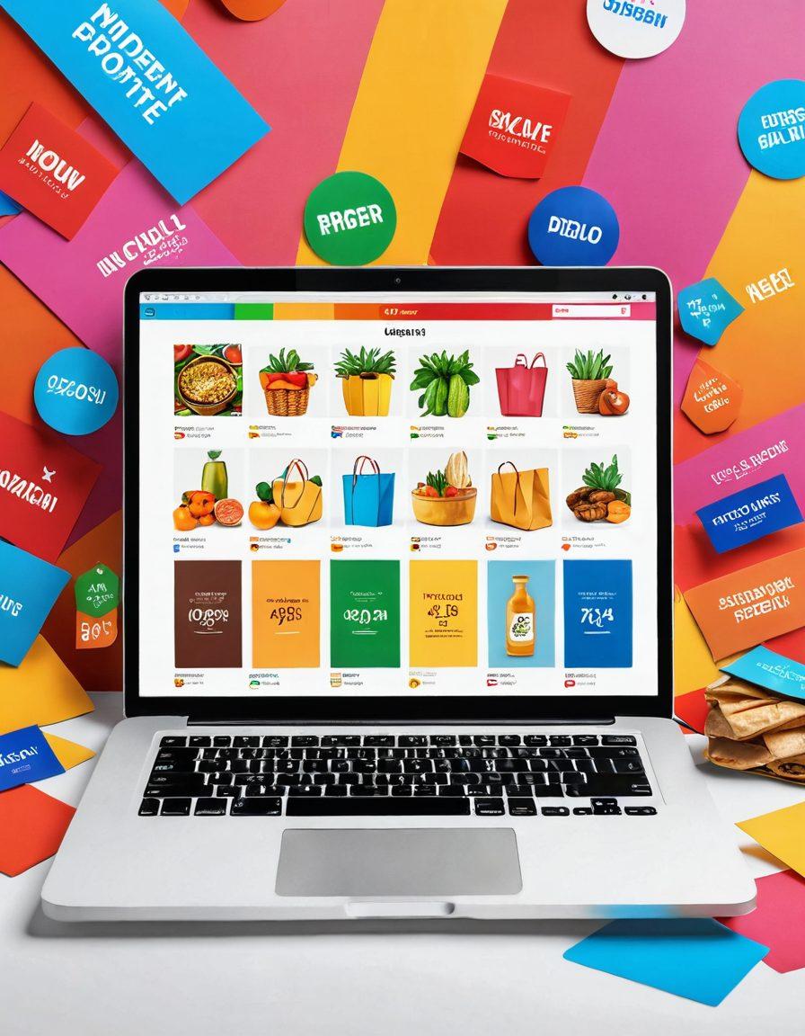 A vibrant digital shopping scene featuring a diverse range of Paraguayan products displayed in an online shopping interface. Include colorful price tags indicating discounts, traditional Paraguayan crafts, and delicious local foods. Illustrate a user-friendly laptop interface with a cursor hovering over various items, evoking excitement in online shopping. Use bright, engaging colors and a modern design aesthetic to create an inviting atmosphere. super-realistic. vibrant colors. white background.